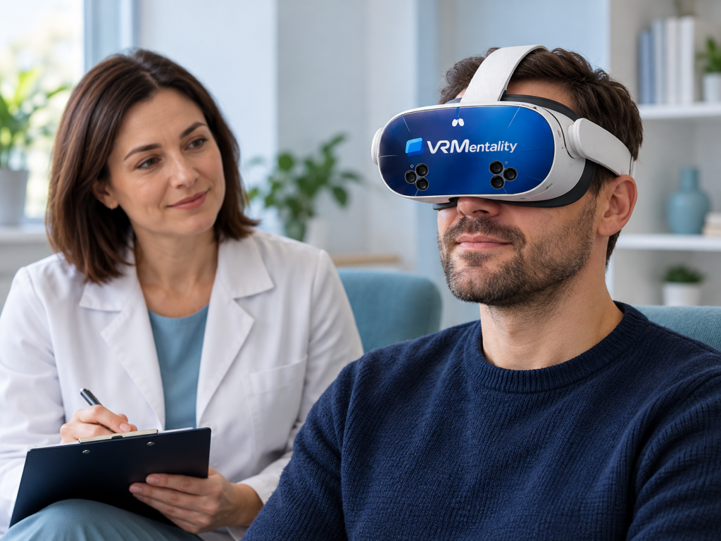 Головна ШІ-візуалізація клінічної роботи з VR Mentality: фахівець, дорослий користувач і VR-гарнітура